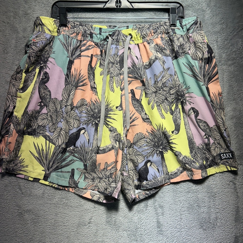SAXX Oh Buoy 2N1 Tropical Bird Swim Shorts XXL DropTemp BallPark Pouch Multi